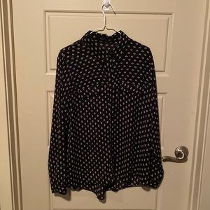 Black button up long sleeve blouse with white print. Brand AQUA. Size L.